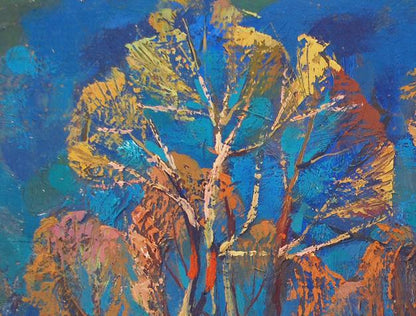 Vibrant oil painting by Egor Shvachunov: stylized trees in bold blues, yellows
