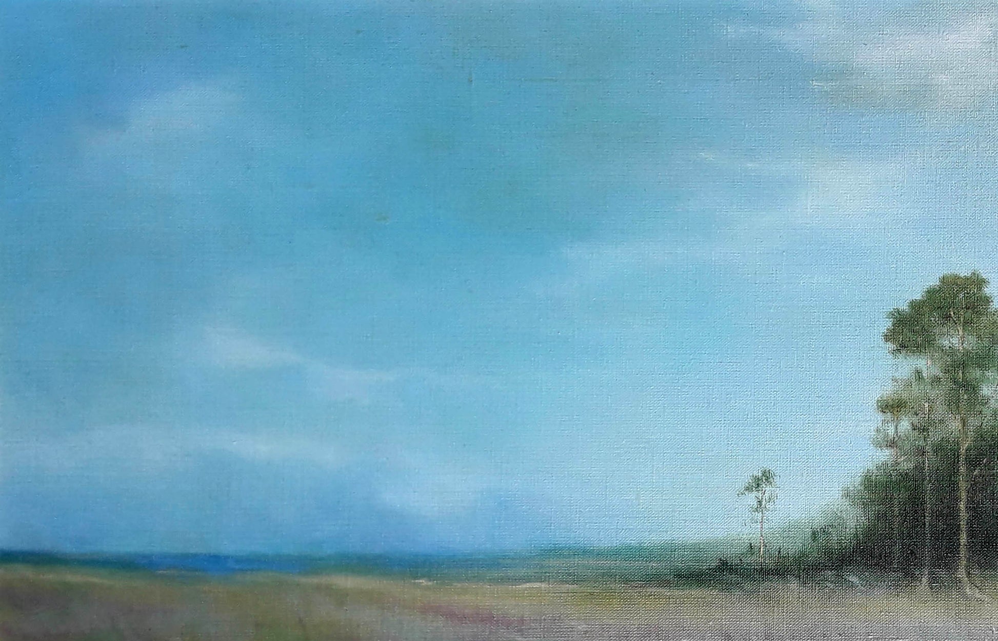 Oil painting Lavender blooms Korkishko Vasily serene field sky trees