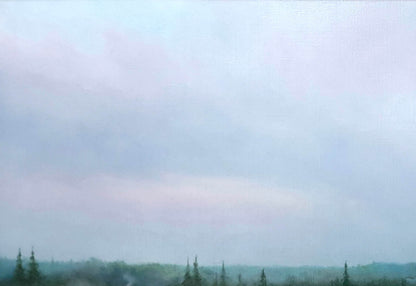 Oil painting Morning Korkishko Vasily: soft pastel lavender sky over hazy treeline