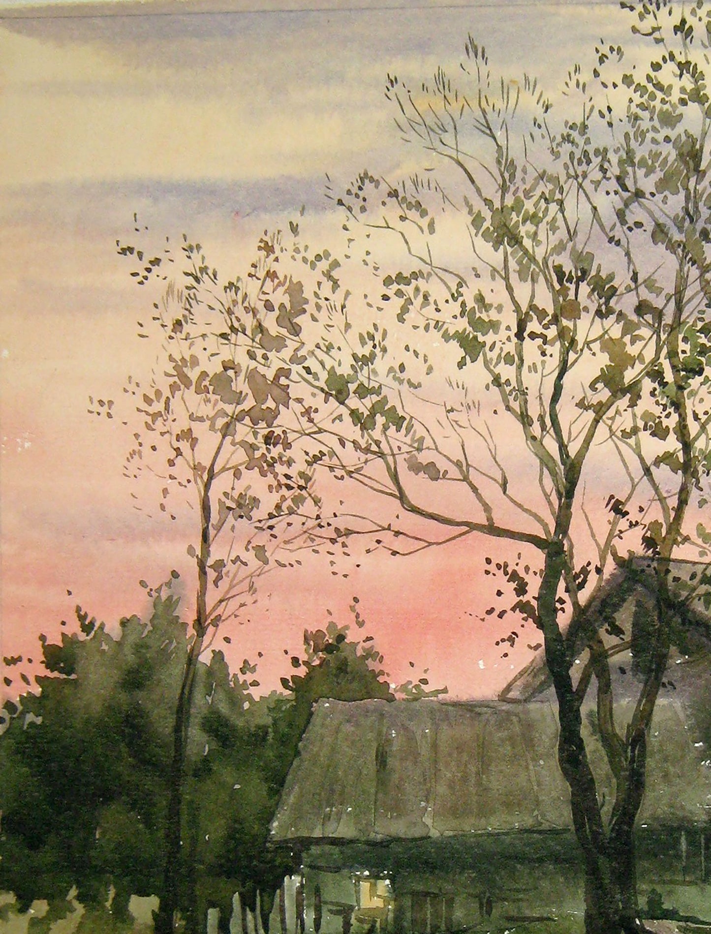 Watercolor painting Evening Rural landscape Savenets Valery