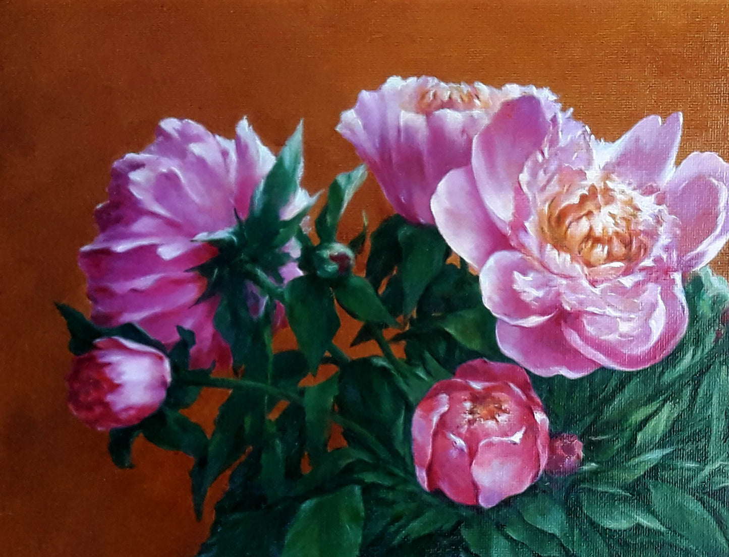 Vibrant oil painting of pink peonies by Korkishko Vasily