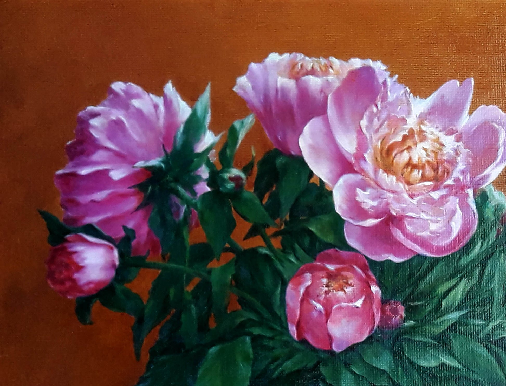 Vibrant oil painting of pink peonies by Korkishko Vasily