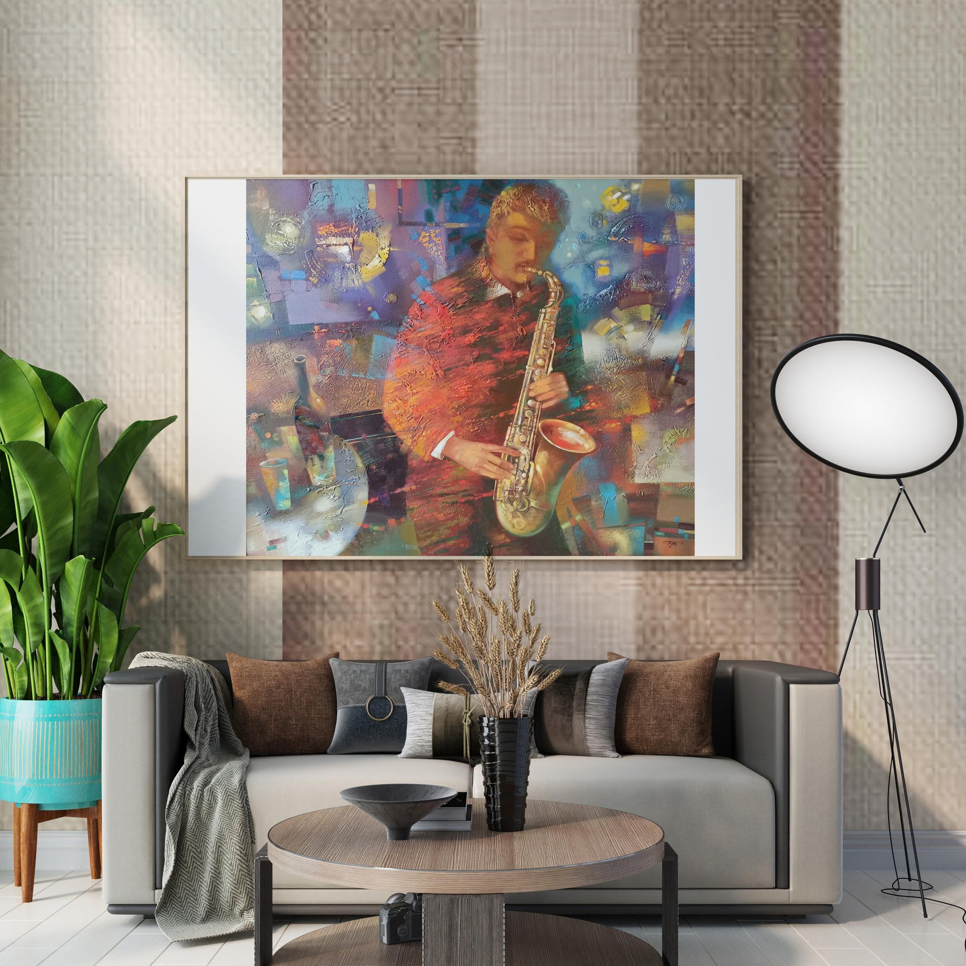 Abstract oil painting Jazzy Twilight by Anatoly Tarabanov, vibrant saxophonist in reds and golds