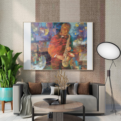 Abstract oil painting Jazzy Twilight by Anatoly Tarabanov, vibrant saxophonist in reds and golds