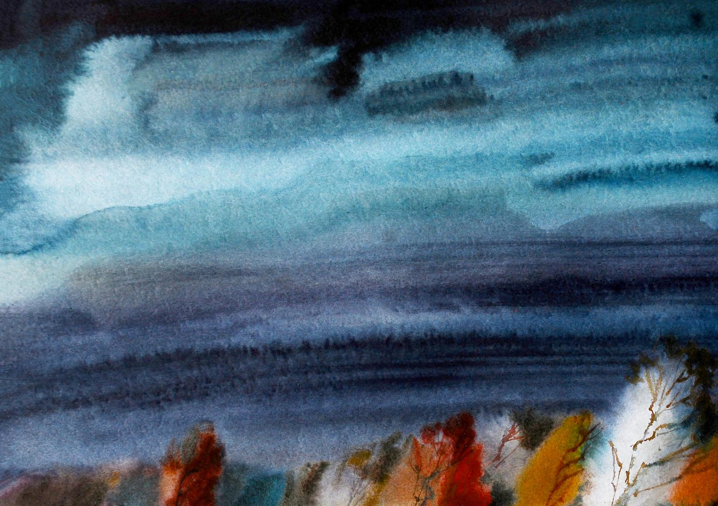 Watercolor painting Cold fall by Egor Shvachunov, dramatic sky over autumn trees