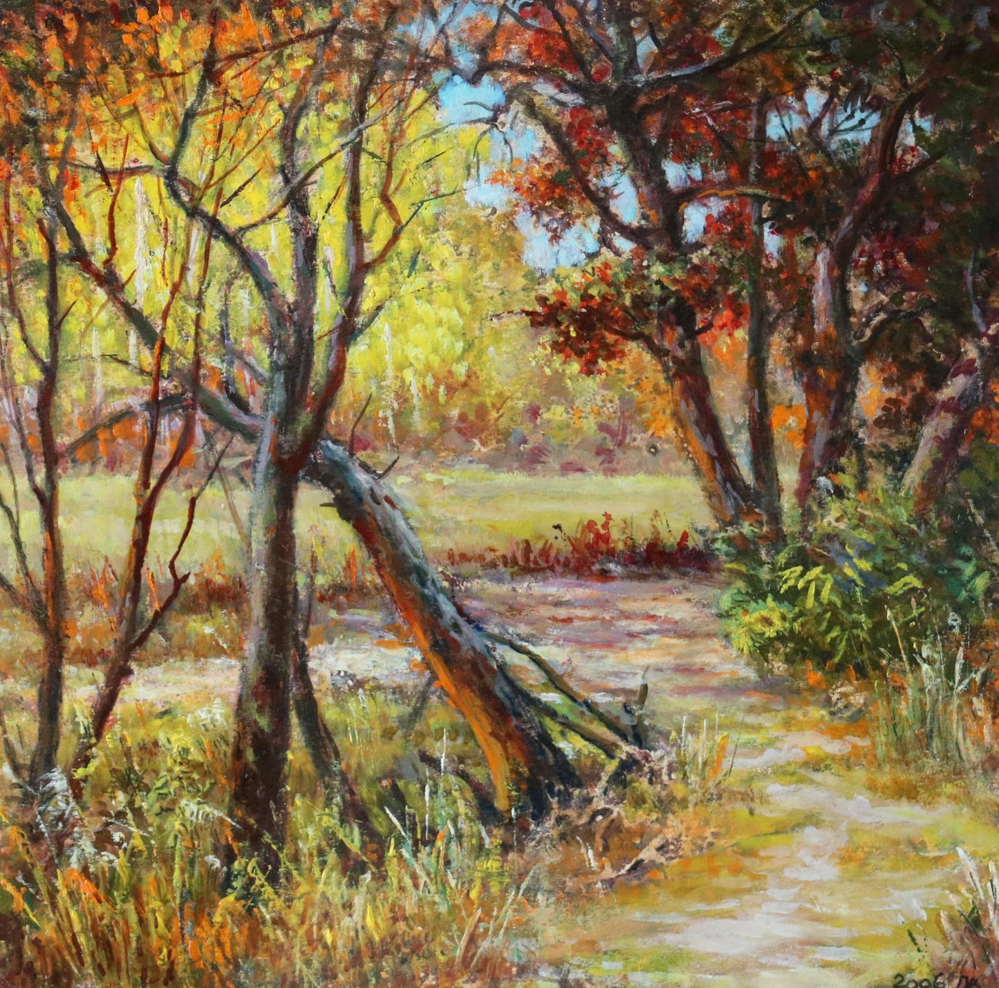 Oil painting Autumn by Vitaly Duhnevich: vibrant fall forest foliage