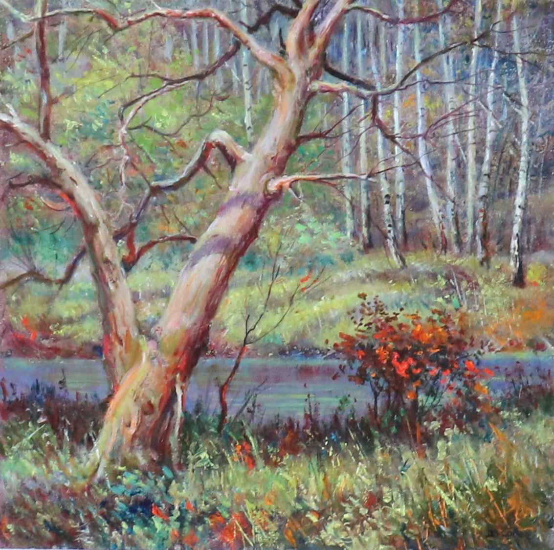 Oil painting Berries by Vitaly Duhnevich: tree with autumn birch backdrop