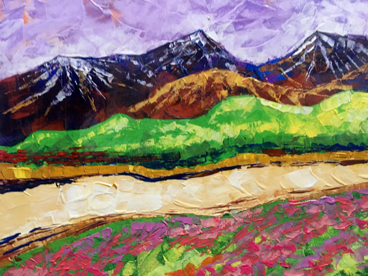 Vibrant impressionist oil painting by V. Zadorozhnya: purple mountains, pink flowers