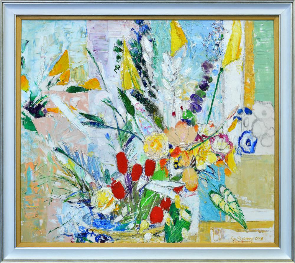 Vibrant Filipenko Vladimir oil painting Composition with Flowers in blue gold frame