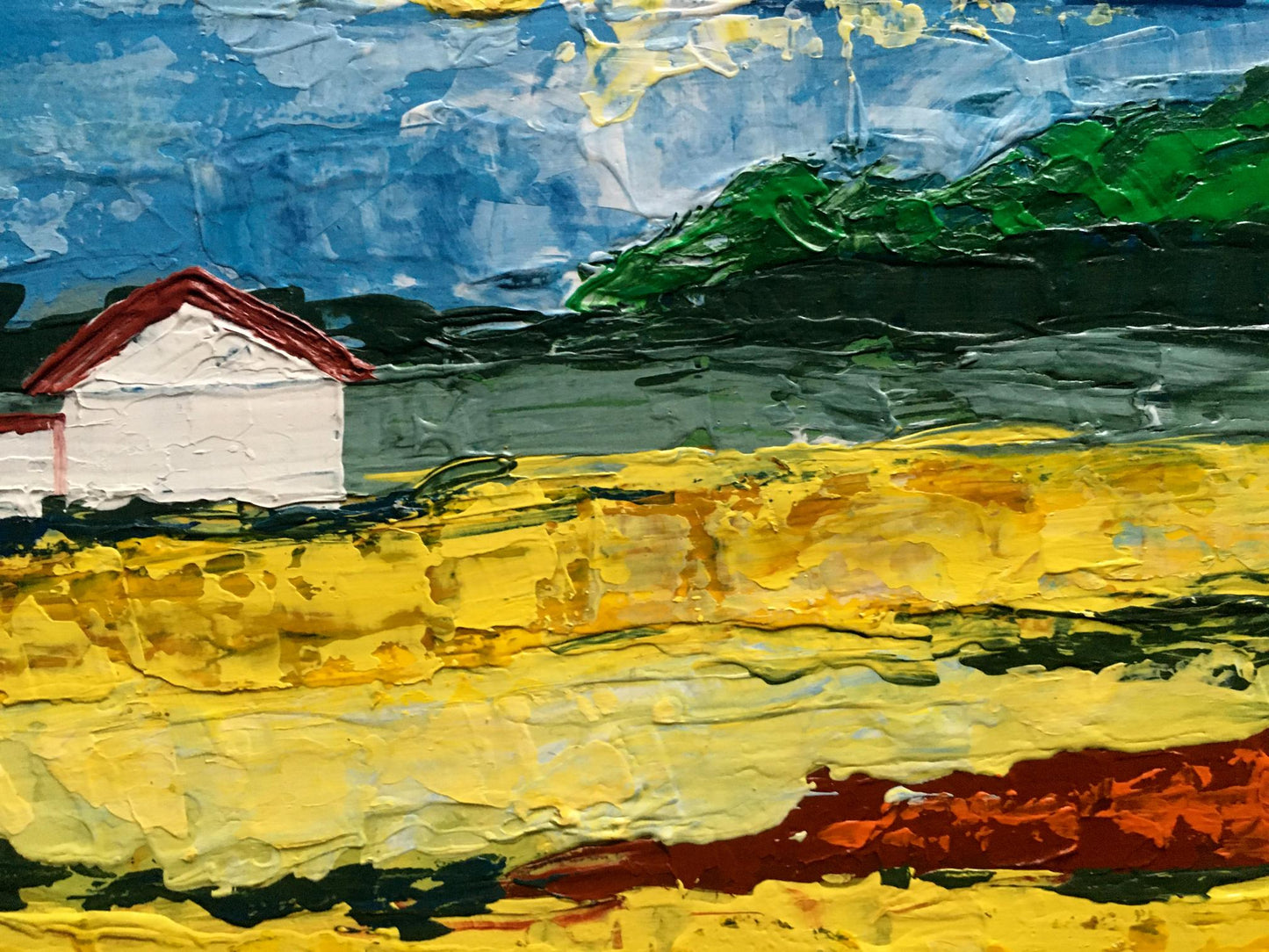 Oil painting of white house with red roof in yellow fields by Zadorozhnya V. V