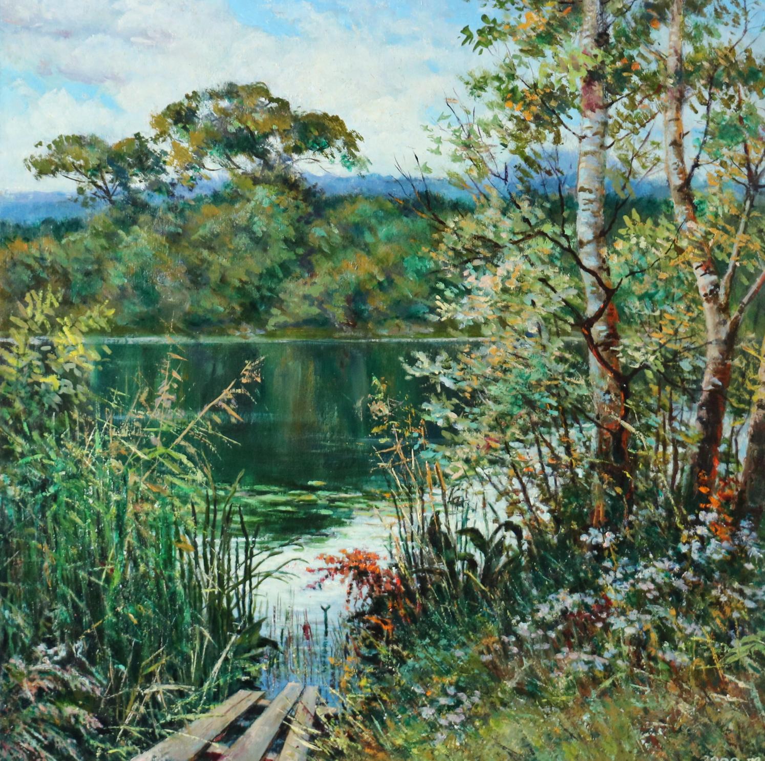 Serene impressionistic oil painting of tranquil lake by Vitaly Duhnevich