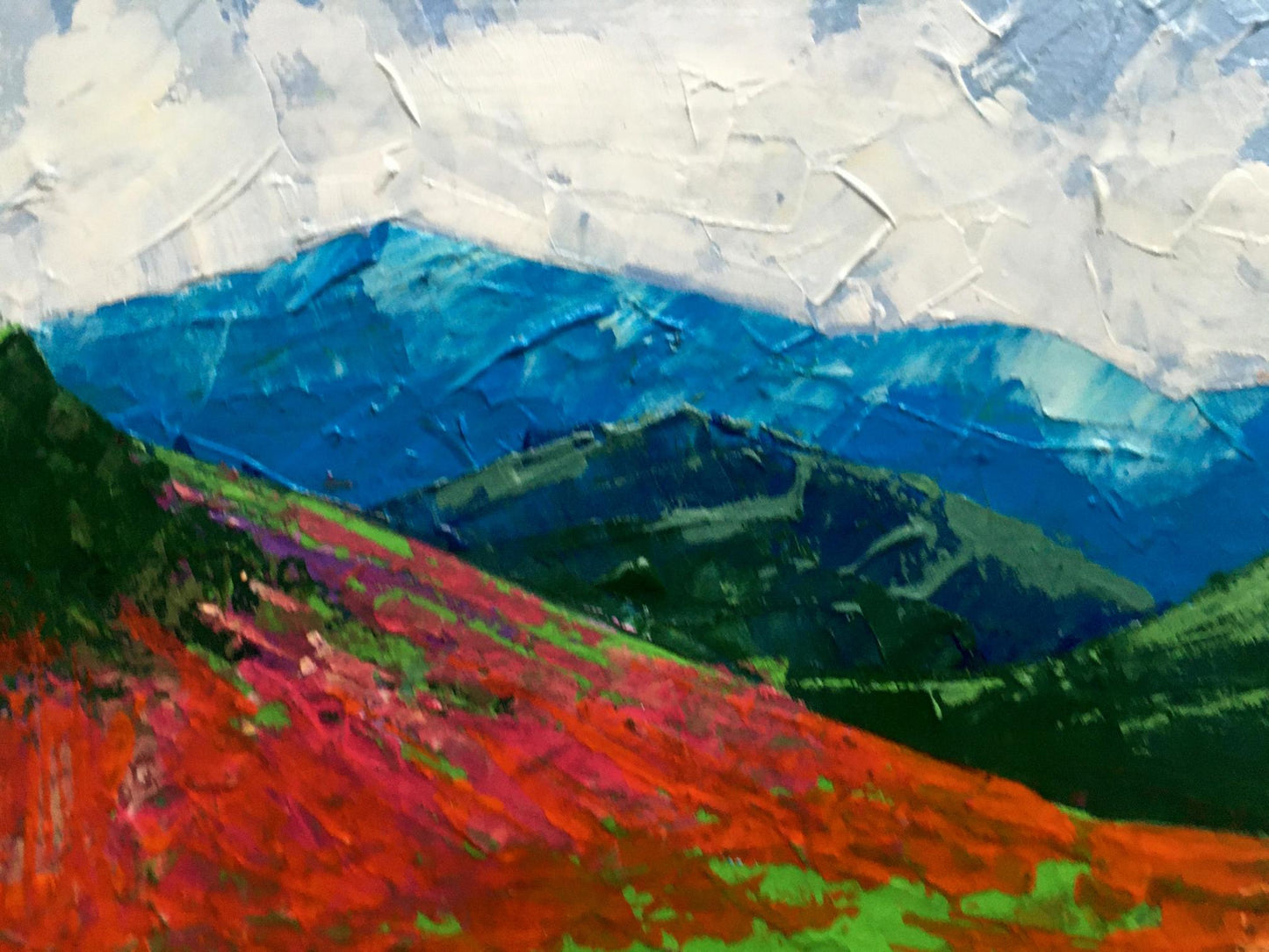 Vibrant impressionist oil painting by V. Zadorozhnya: Big mountain peak with red green fields blue mountains textured sky