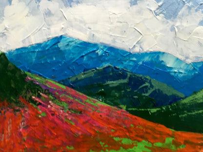 Vibrant impressionist oil painting by V. Zadorozhnya: Big mountain peak with red green fields blue mountains textured sky
