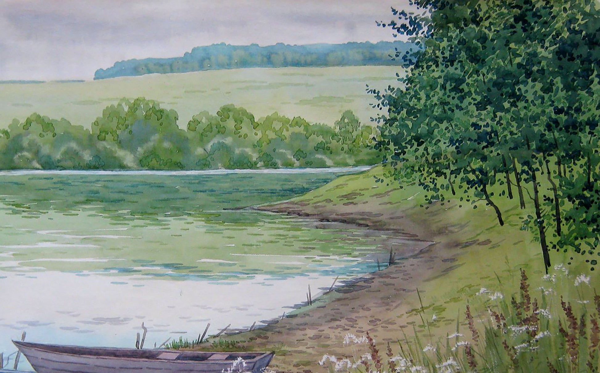 Watercolor painting River Nature Landscape 