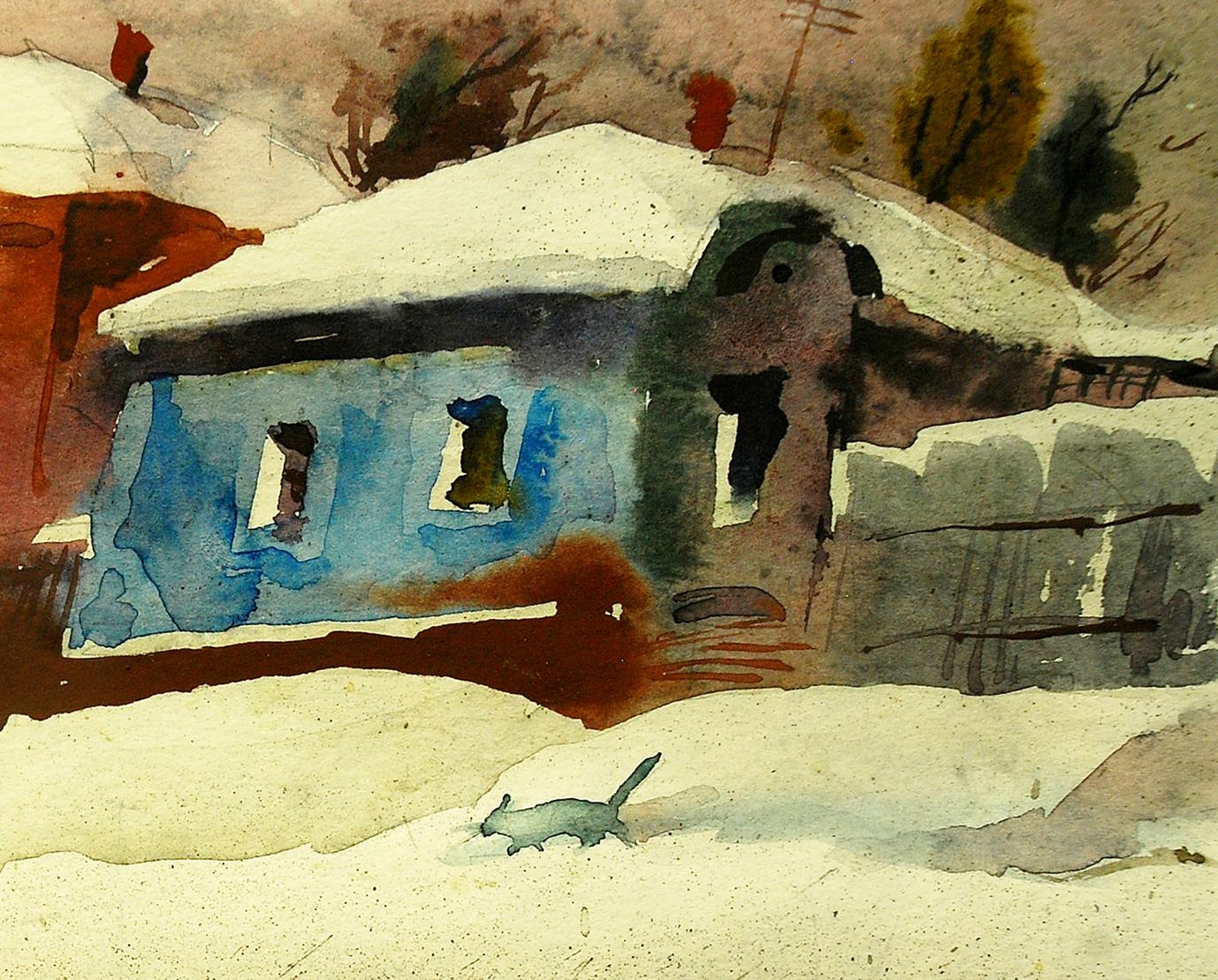 Watercolor painting of snow-covered house by Egor Shvachunov