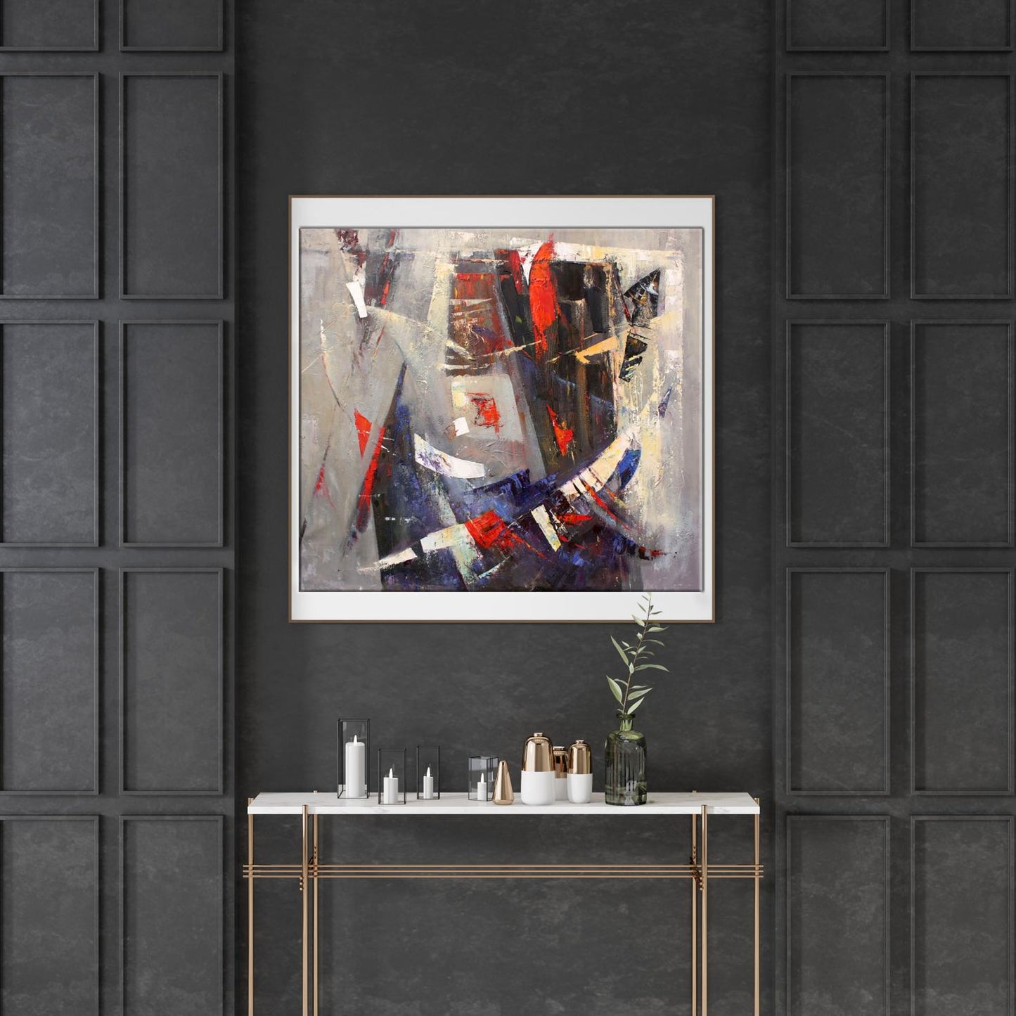 Oil painting Evening by Valentina Alekseevna Kozyar, abstract red blue gray strokes in white frame
