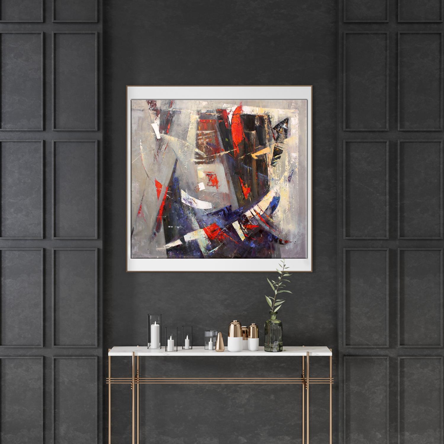 Oil painting Evening by Valentina Alekseevna Kozyar, abstract red blue gray strokes in white frame