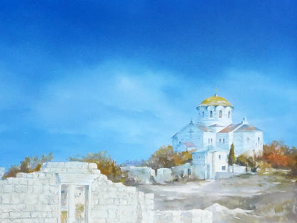 Oil painting by Korkishko Vasily: white stone Chersonesos church with golden dome under blue sky