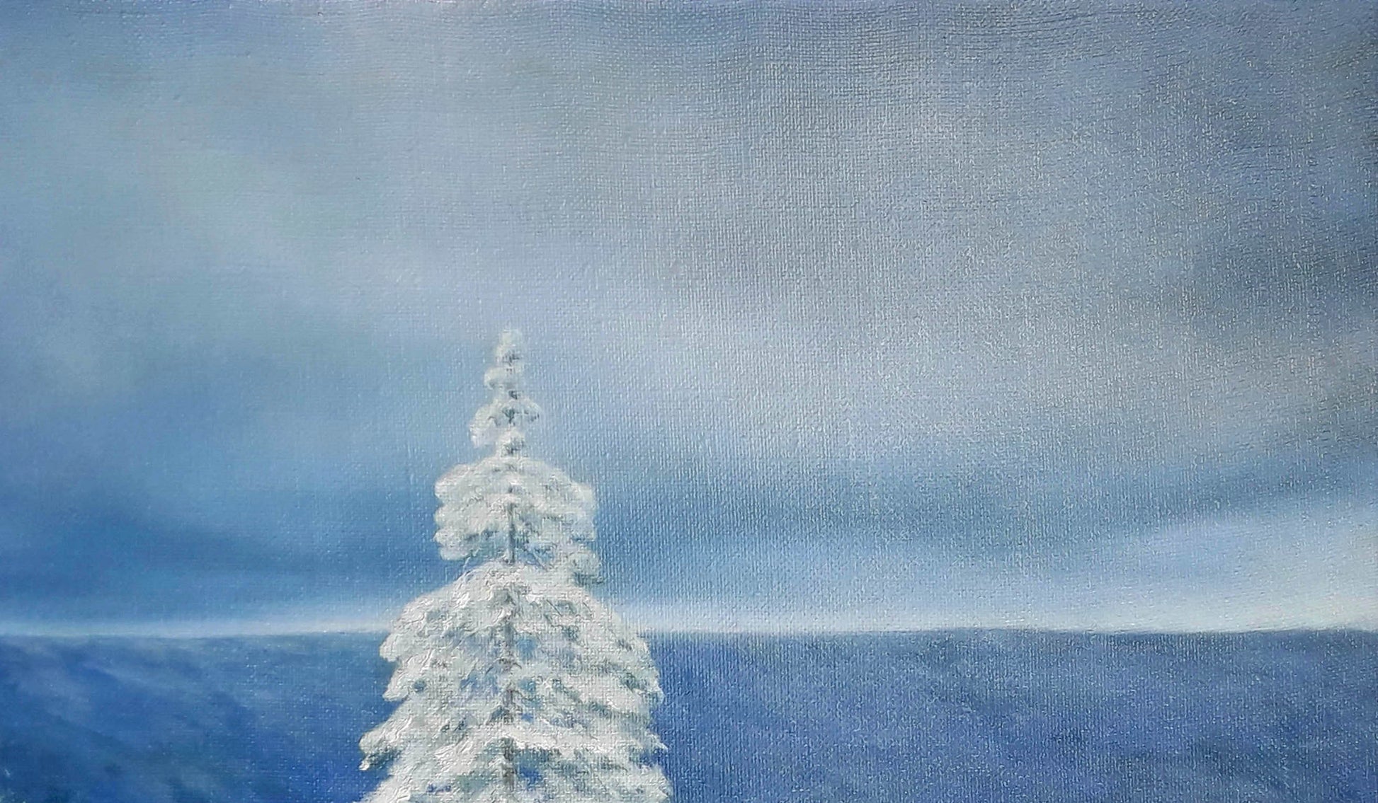 Minimalist snow-covered evergreen tree by Vasily Korkishko, blue sky oil painting