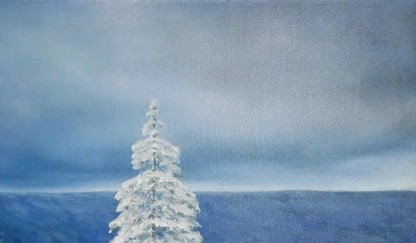 Minimalist snow-covered evergreen tree by Vasily Korkishko, blue sky oil painting