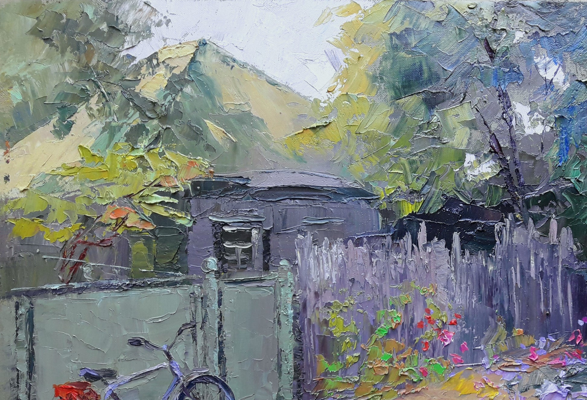 Custom purple bicycle with red basket by gray fence landscape painting