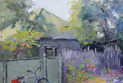 Custom purple bicycle with red basket by gray fence landscape painting