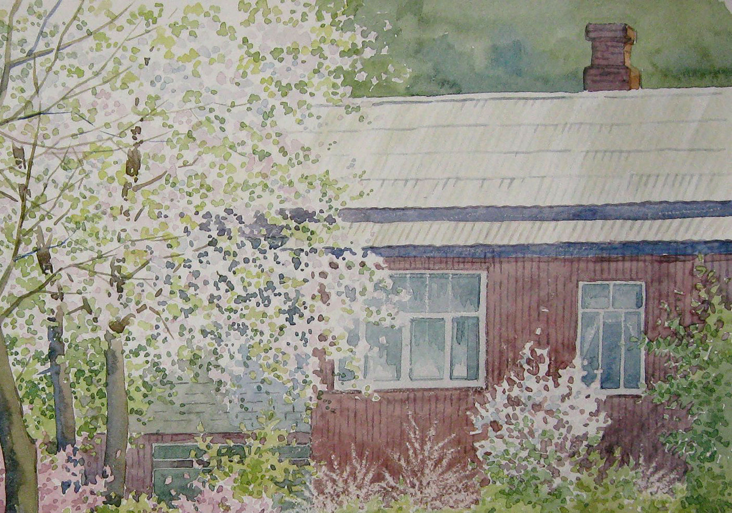 Watercolor painting Rural landscape 