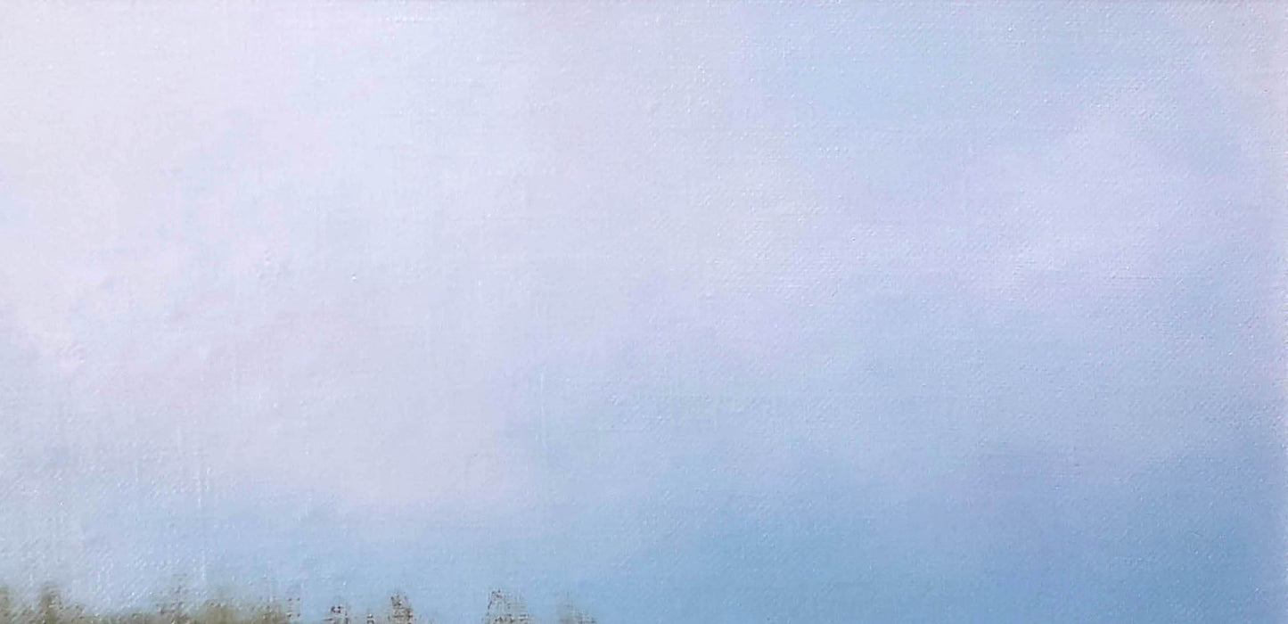 Oil painting The storks have arrived Korkishko Vasily soft lavender to blue sky