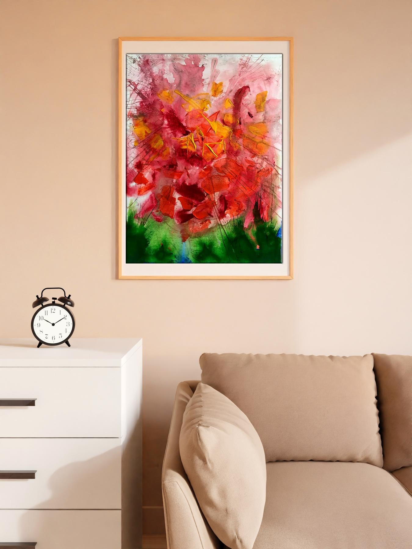 Vibrant abstract acrylic painting Secret Scent by Melezhik Olga in light wood frame