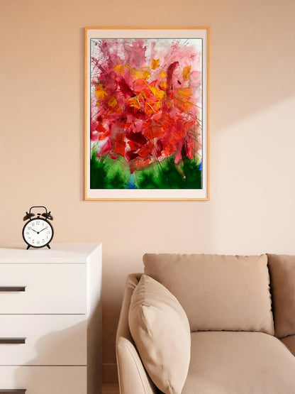 Vibrant abstract acrylic painting Secret Scent by Melezhik Olga in light wood frame