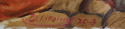 Red cursive signature on textured canvas back of Oil painting Entry of Christ into Jerusalem by Litvinov Daniil Olegovich