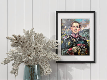 Oil painting of pensive officer Alexander Litvinov in ornate uniform