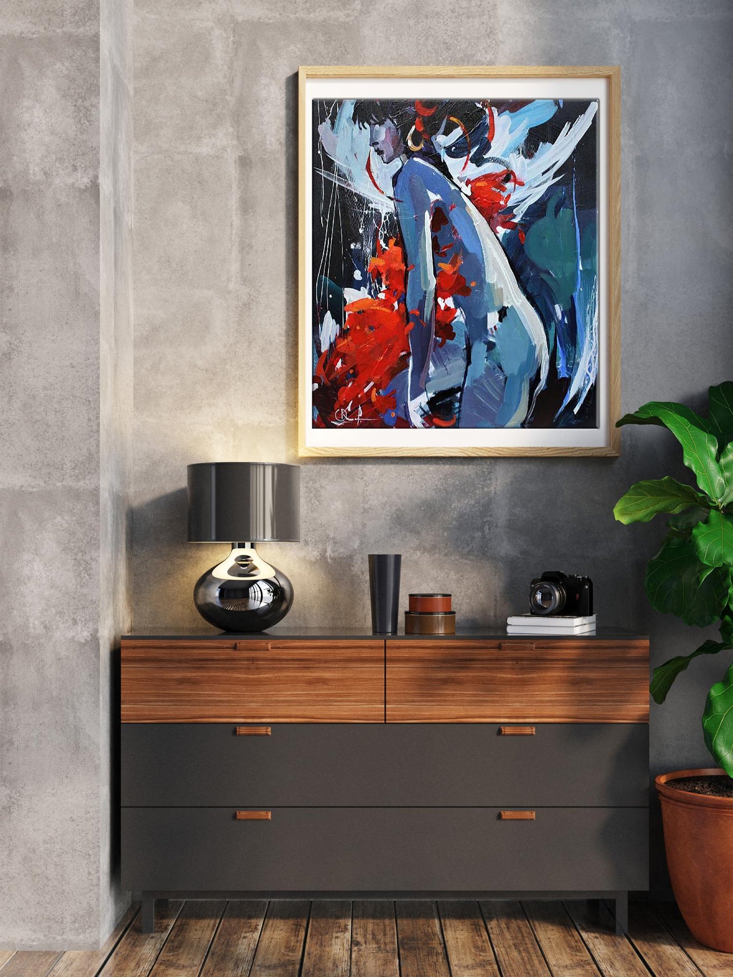 Oil painting Angel Kozyar Yuri in light wood frame with bold red blue white figure