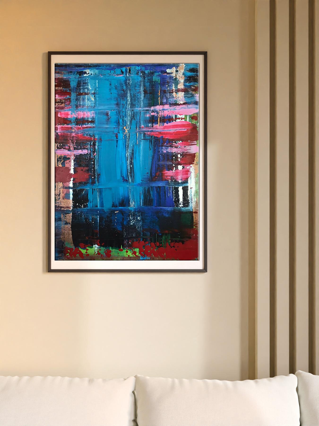 Vibrant acrylic painting Conversation on the Shore by Melezhik Olga in black frame