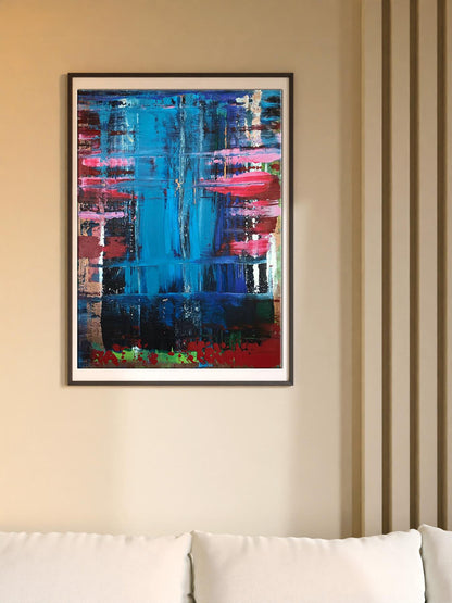 Vibrant acrylic painting Conversation on the Shore by Melezhik Olga in black frame