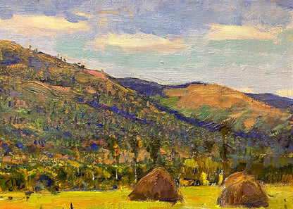 Oil painting Carpathians by Zaretskyi Viktor: autumn hills and hay bales