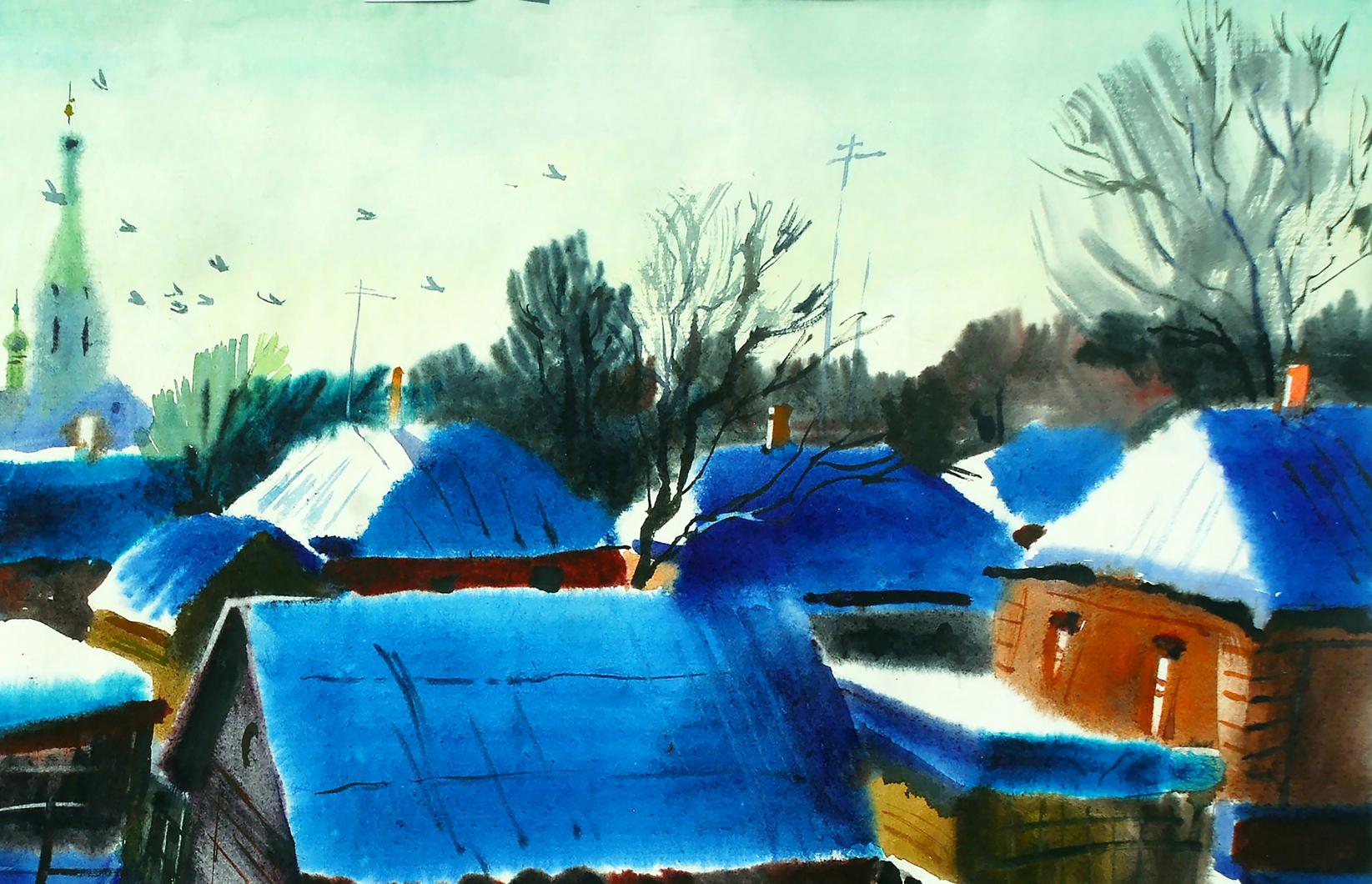 Watercolor painting of blue snow-covered rooftops in Winter Lebedyn by Egor Shvachunov