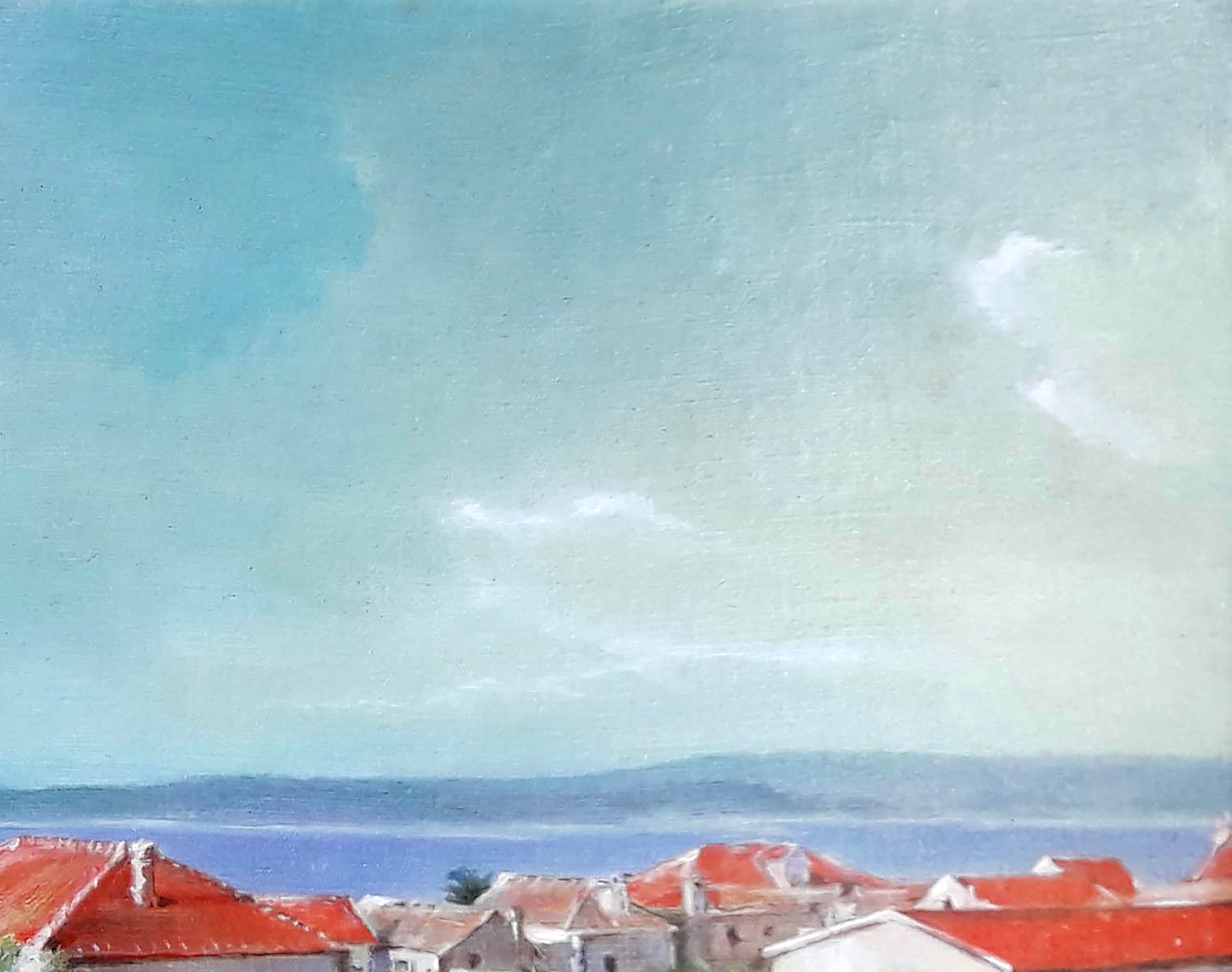 Oil painting Sunny day Korkishko Vasily: coastal town with red rooftops