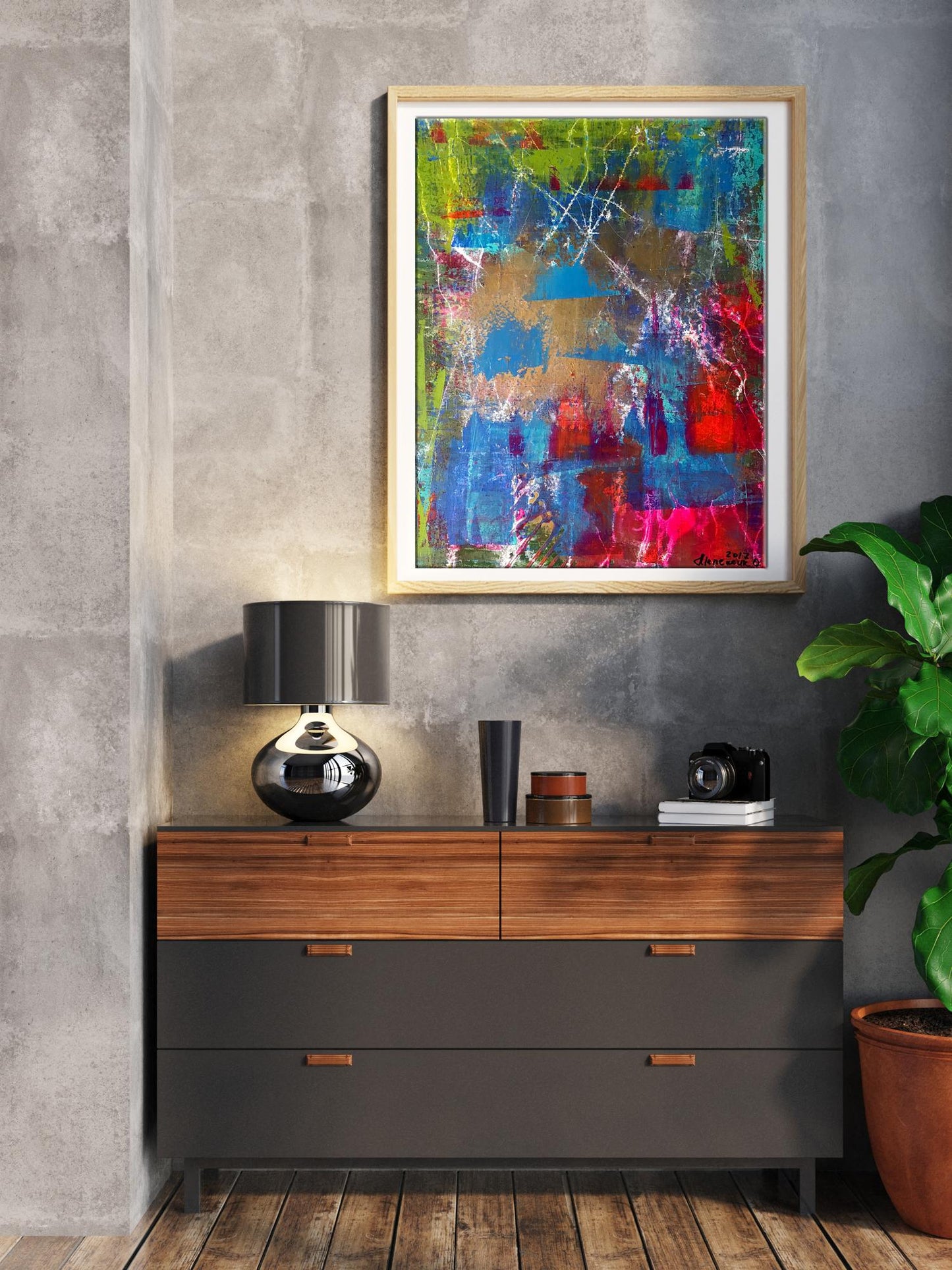 Vibrant acrylic painting Start Melezhik Olga in light wood frame with bold splashes