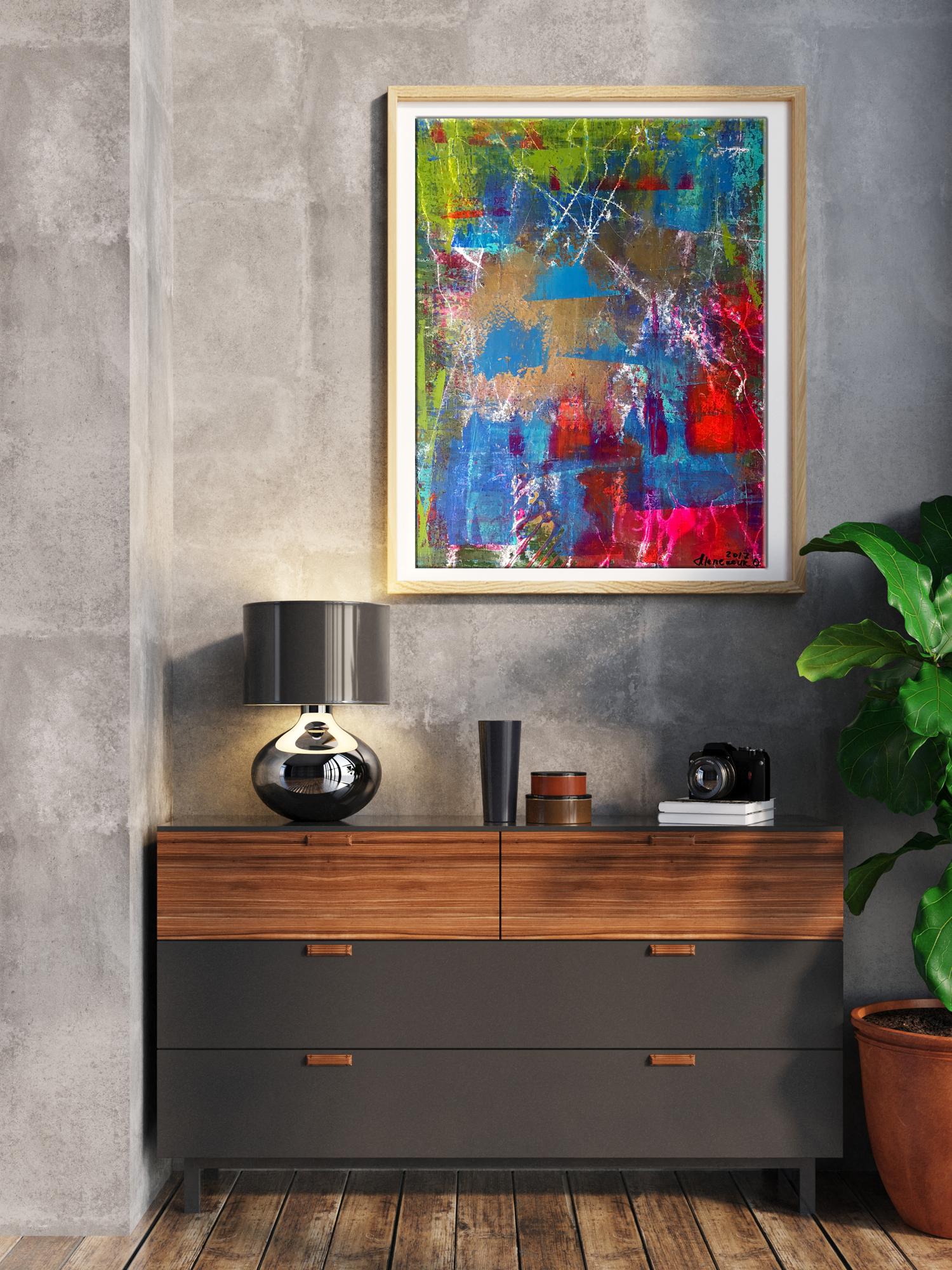 Vibrant acrylic painting Start Melezhik Olga in light wood frame with bold splashes