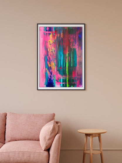 Vibrant abstract acrylic painting Pursuit by Melezhik Olga in black frame