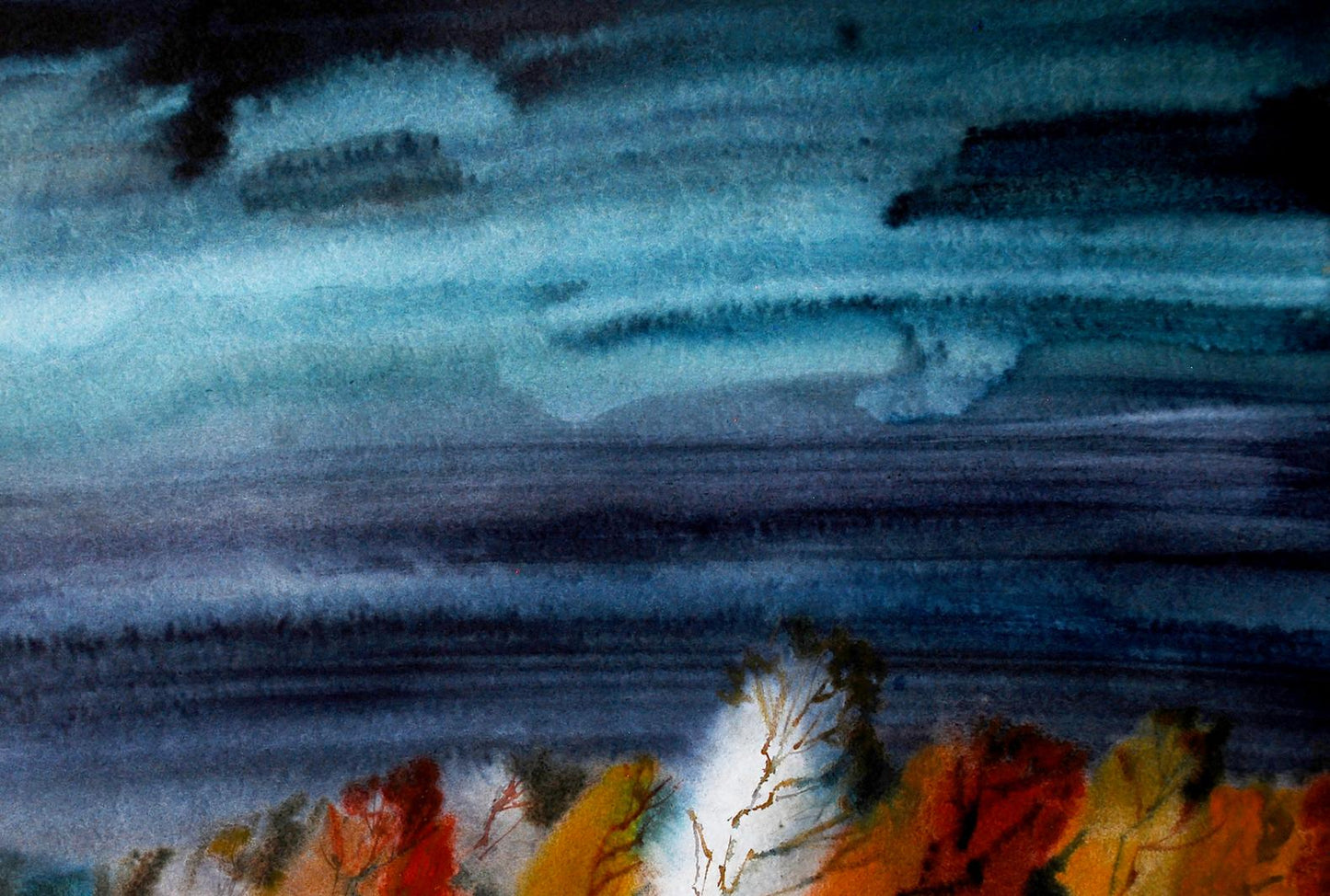 Watercolor painting of cold fall stormy sky by Egor Shvachunov