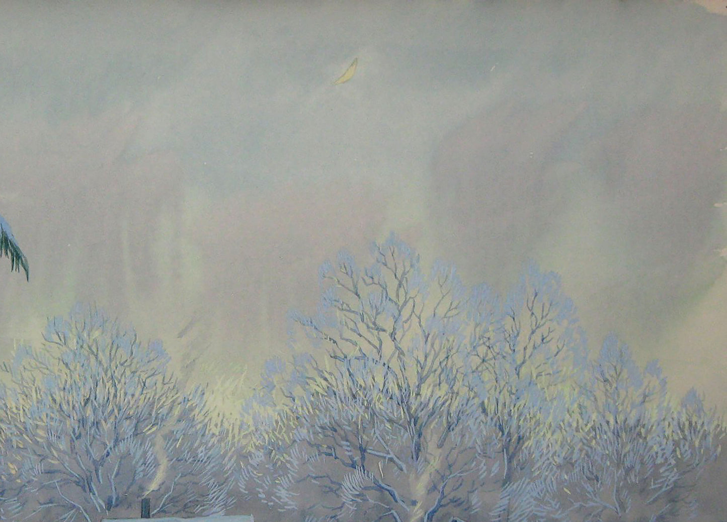 Watercolor painting Evening Winter Village landscape 