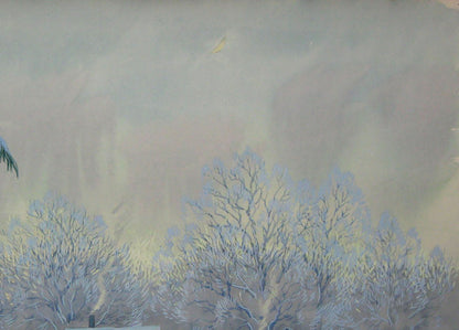 Watercolor painting Evening Winter Village landscape 