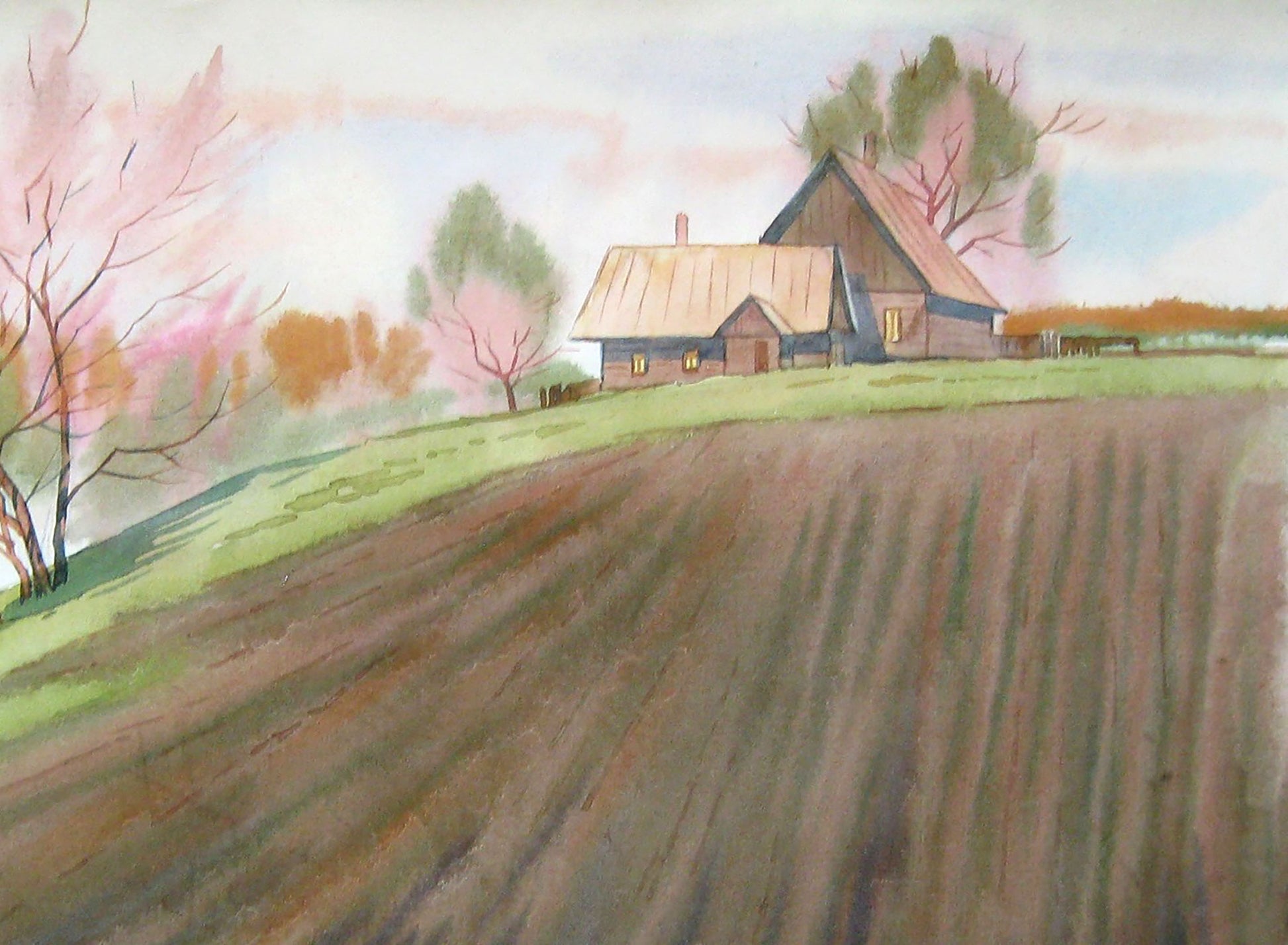 Watercolor painting Village landscape 