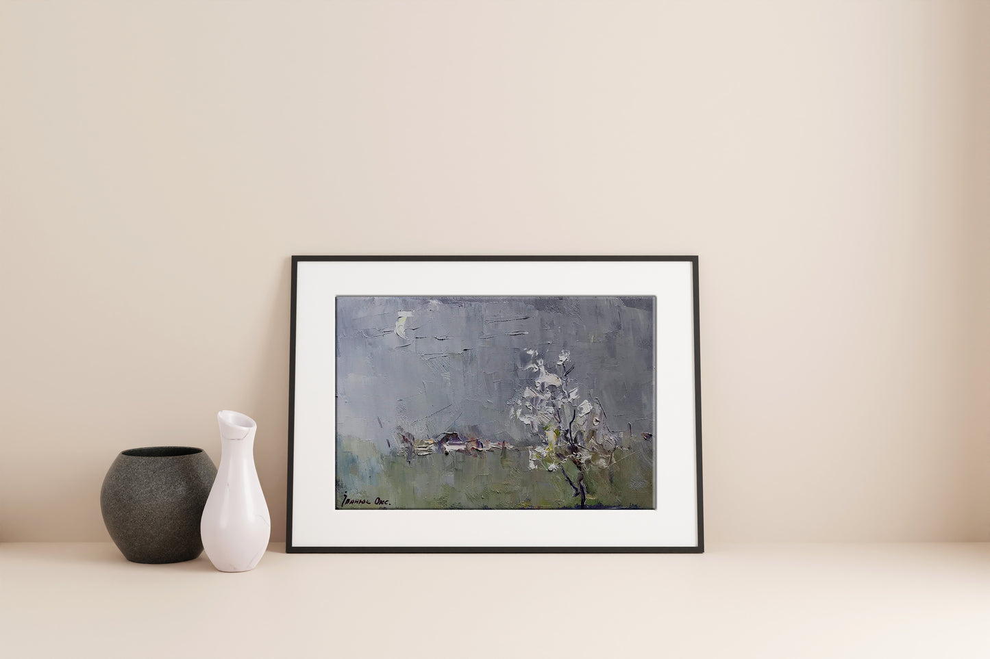 Oil painting Spring morning by Ivanyuk Oksana: black-framed abstract tree in gray-green tones
