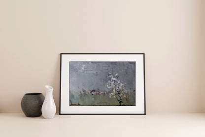 Oil painting Spring morning by Ivanyuk Oksana: black-framed abstract tree in gray-green tones