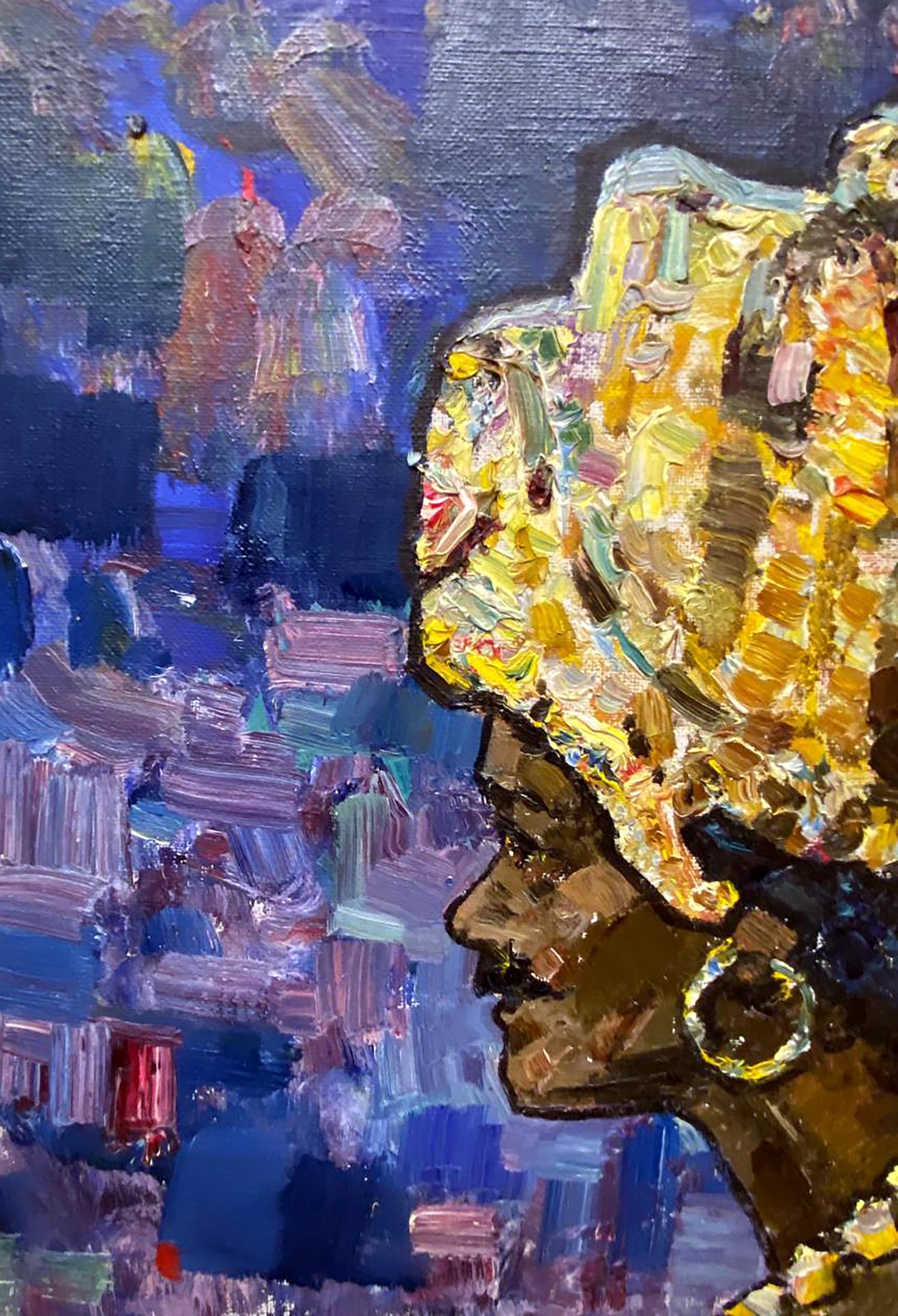 Oil painting Hindu Stil by Leonid Mikhaylovich: woman in profile with golden-yellow headwrap
