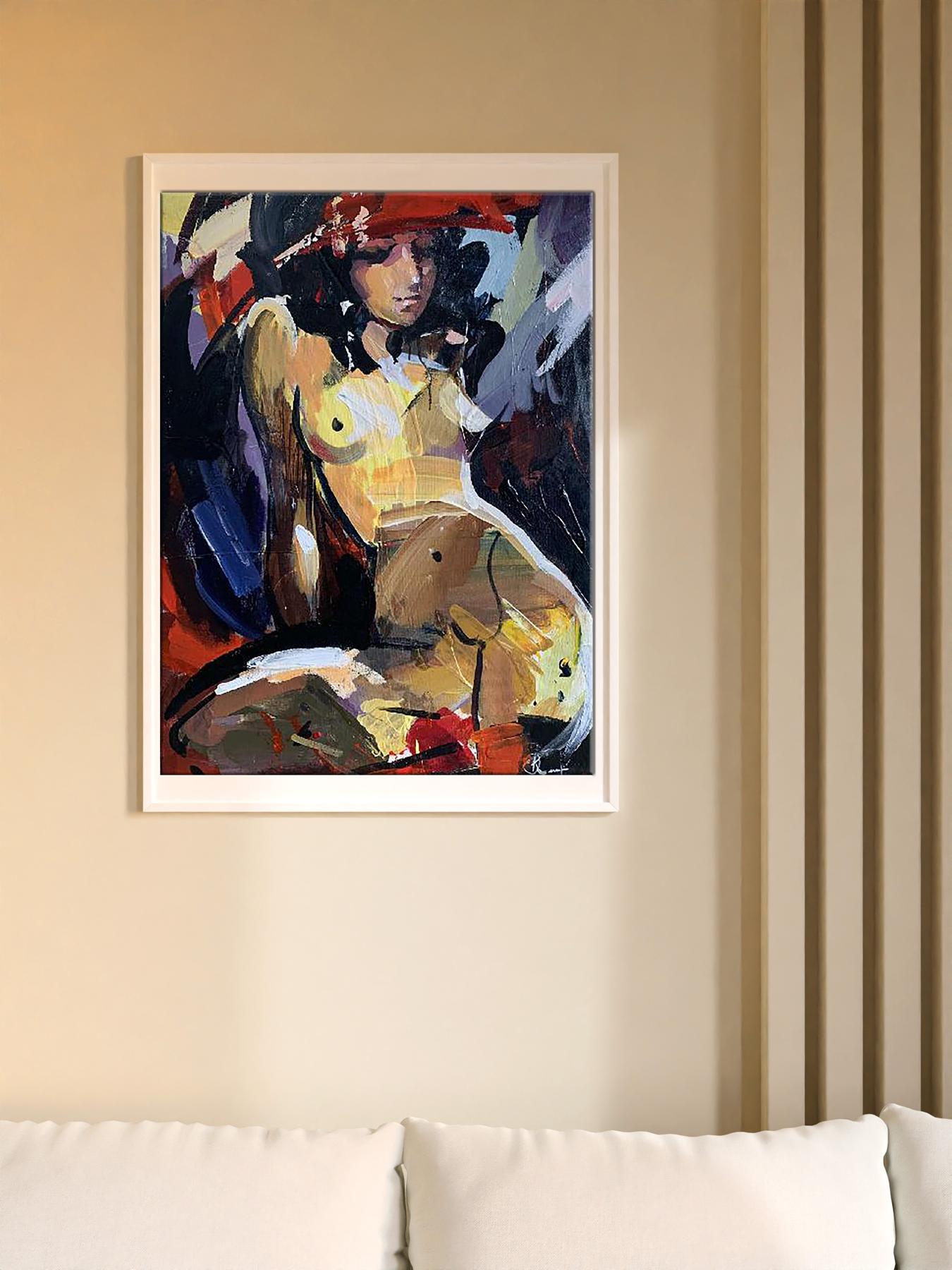 Oil painting Solar by Kozyar Yuri: nude figure in warm yellow red tones, white frame