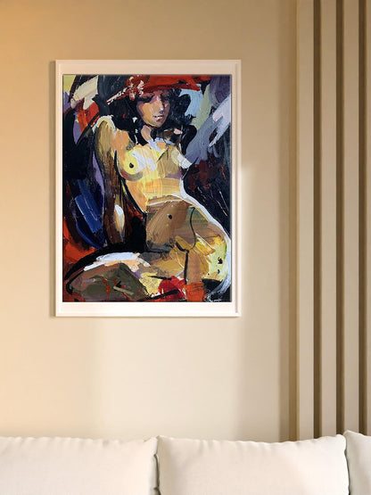 Oil painting Solar by Kozyar Yuri: nude figure in warm yellow red tones, white frame